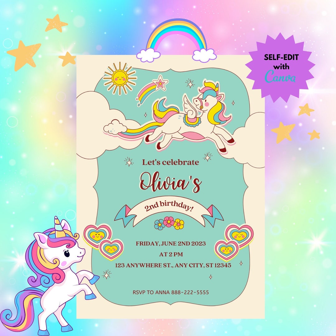 Kids Fun Unicorn Digital Electronic Birthday Invitation Card | Easy ...