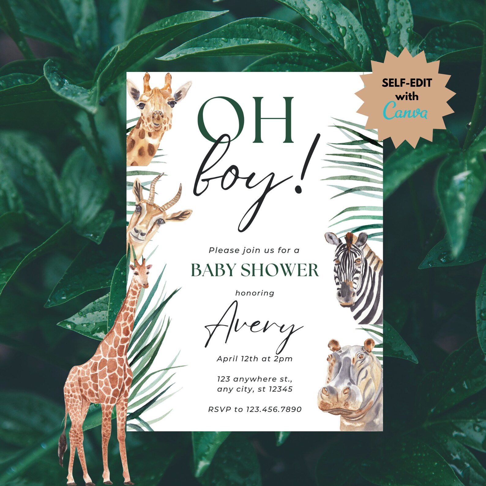Oh Boy Safari Animals Baby Shower Digital Invitation Card | Editable ...