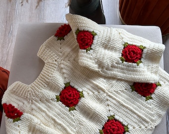 Hand knit sweater, Red rose pullover sweater, Valentine’s day gift, Sweater Roses, unique gift, Oversized sweater, Women pullover sweater