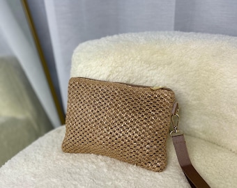 Bronzen geweven clutch, handgemaakte zomeravondtas, kleine elegante stro portemonnee voor strand en feesten, strand strotas, boho-stijl, schoudertasje clutch