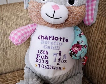 Personalised baby birth details cubbie Teddy. Boy or girl. New baby, newborn baby gift