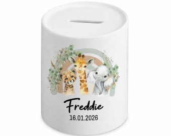 Personalised Safari animals, jungle animals, boys or girls Money box, Piggy bank. Baby gift, birthday gift, new baby gift.  Baby shower