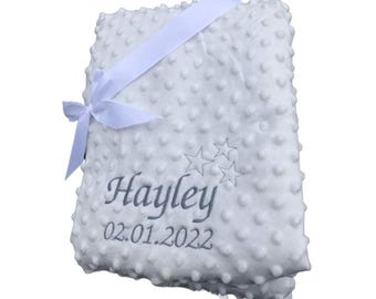 Personalised stars name and date of birth boy or girl dimple baby blanket. Newborn gift. Choose your colour