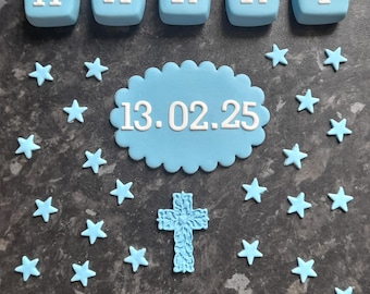 Personalised edible baby girl or boy, cross, date plaque and name  blocks Christening, Baptism cake topper, cake decoration