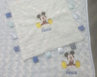 Personalised Mickey Mouse taggy and blanket set. Baby boy or girl. Newborn baby gift. Baby shower