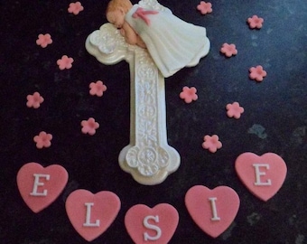 Personalised edible baby girl large cross Christening Baptism cake topper decoration
