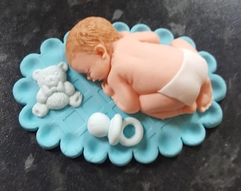 Edible Girl or Boy baby on a blanket Christening, baptism cake, baby shower cake topper decoration. Pink or blue