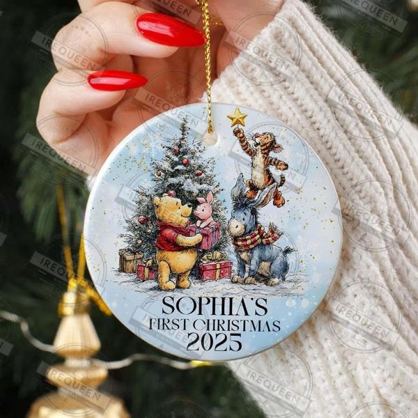 Personalised  Pooh Bear babys first christmas.  Christmas tree bauble decoration, Christmas ornament gift