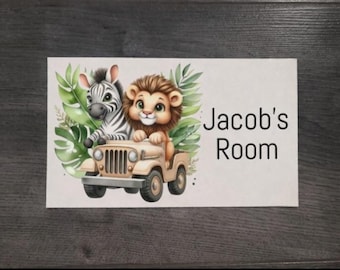 Personalised Safari animals bedroom door plaque. Girls or boys bedroom door sign