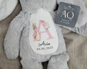 Personalised Peter rabbit / Flopsy rabbit bunny initial with name and dob. Perfect new baby newborn gift. Baby shower