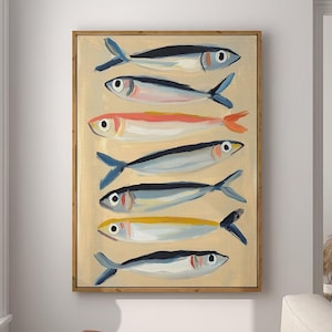 Sardines Fish Poster Seafood Print Kitchen Decor Retro Vintage Food Art Food and Drink Painting Large Wall Art Gallery Canvas Giclee #3005