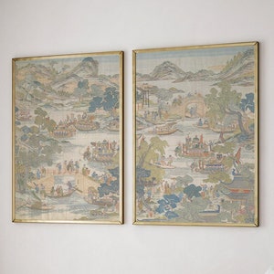 Chinoiserie Panels Art Print Dragon boat Festival, Chinese Asian Decor, 2 Piece Large Wall Art Set of 2 Gallery Canvas #747