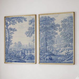 Chinoiserie Panels Art Print Blue Toile Landscape, Chinese Asian Decor, 2 Piece Large Wall Art Set of 2 Gallery Canvas #748