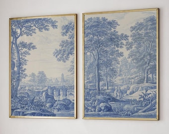 Chinoiserie Panels Art Print Blue Toile Landscape, Chinese Asian Decor, 2 Piece Large Wall Art Set of 2 Gallery Canvas #748