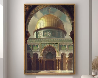 May include: A framed print of a mosque with a golden dome and intricate green and white tile work. The mosque is surrounded by arches and columns.