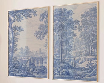 Chinoiserie Panels Art Print Blue Toile Landscape, Chinese Asian Decor, 2 Piece Large Wall Art Set of 2 Gallery Canvas #748