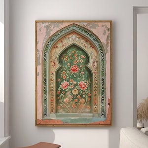 Palestine Floral Arch Art Print, Islamic Wall Art Muslim Architecture Poster Arabic Decor, Eid Ramadan Gift, Large Wall Art Canvas #2046