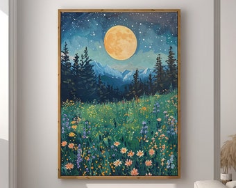 Moon with Wildflower Field Meadow Print, Floral Flower Poster Botanical, Dark Cottagecore Decor, Moody Large Wall Art Canvas #2345