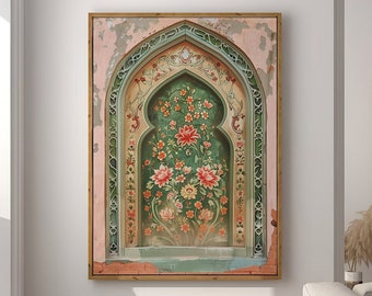 Palestine Floral Arch Art Print, Islamic Wall Art Muslim Architecture Poster Arabic Decor, Eid Ramadan Gift, Large Wall Art Canvas #2046