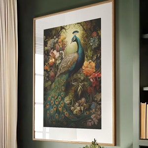 William Morris Inspired Peacock Autumn Art Print Fall Poster Rustic Farmhouse Forest Large Wall Art Canvas Warm Color Thanksgiving #997