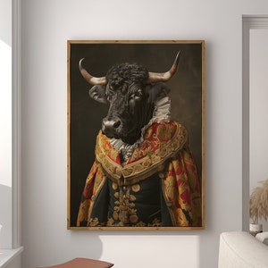 Bull Royal Renaissance Portrait Vintage Print Victorian Animal Portrait Decor Poster Altered Painting Large Wall Art Canvas #2170
