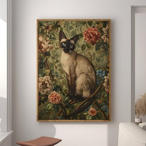 William Morris Inspired Siamese Cat Art Print, Cat Lover Gift, Cat Mom, Cat Decor Painting Portrait, Large Wall Art Canvas #1669