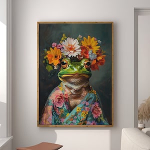 Frog Maximalist Eclectic Animal Portrait Print Funky Animal Poster Decor Colorful Altered Painting Large Wall Art Canvas #2254