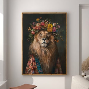Lion Maximalist Eclectic Animal Portrait Print Funky Animal Poster Decor Colorful Altered Painting Large Wall Art Canvas #2266
