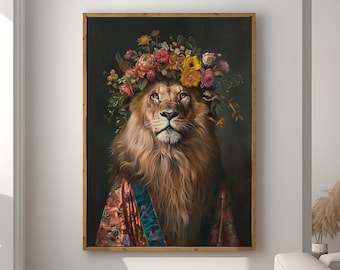 May include: A lion with a crown of colorful flowers on its head, wearing a patterned robe, against a dark background.