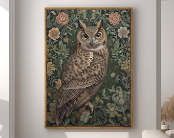 William Morris Inspired Owl Art Print, Bird Print, Owl Wall Art, Forest Print, Owl Gift, Owl Poster Bird Nature Large Wall Art Canvas #1615