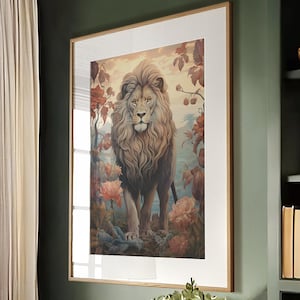 William Morris Inspired Lion Autumn Art Print Fall Poster Rustic Farmhouse Forest Large Wall Art Canvas Warm Color Thanksgiving #991