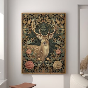 William Morris Inspired Deer Art Print, Nature Wall Art, Nature Prints, Animal Prints, Forest Wall Art, Kitchen Large Wall Art Canvas #1621