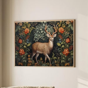 William Morris Inspired Deer Art Print Poster Rustic Farmhouse Woodland Extra Large Wall Decor Nature Cabincore Canvas #1379