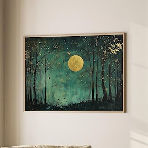 Moody Forest Landscape Print Nocturne Night Sky Moon Painting Goblincore Cottagecore Decor Dark Academia Large Wall Art Canvas #2709
