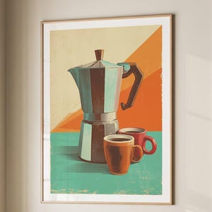 Coffee Moka Pot Poster Coffee Bar Print Breakfast Kitchen Decor Retro Food Art Drink Painting Large Wall Art Gallery Canvas Giclee #3865
