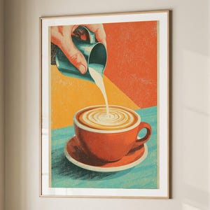 Coffee Latte Poster Coffee Bar Print Breakfast Kitchen Decor Retro Food Art Drink Painting Large Wall Art Gallery Canvas Giclee #3841