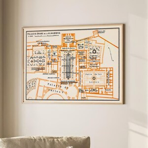 Alhambra Vintage Map Spain Andalusian Islamic Wall Art Muslim Architecture Poster Arabic Decor Eid Ramadan Gift, Large Wall Art Canvas #2469