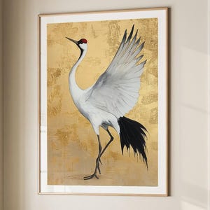 Red Crowned White Crane Japanese Art Print Poster Asian Decor Japandi Wabi Sabi Large Wall Art Canvas #3105