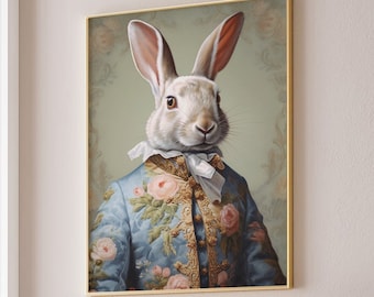 May include: A white rabbit wearing a blue and gold embroidered jacket with a white lace collar and a white bow tie. The rabbit is looking directly at the viewer. The background is a green and gold color.