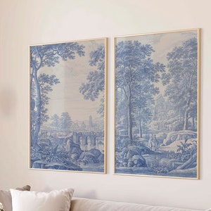 Chinoiserie Panels Art Print Blue Toile Landscape, Chinese Asian Decor, 2 Piece Large Wall Art Set of 2 Gallery Canvas #748