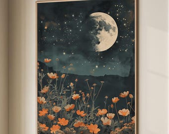 Moon with Wildflower Field Meadow Print, Floral Flower Poster Botanical, Dark Cottagecore Decor, Moody Large Wall Art Canvas #2337