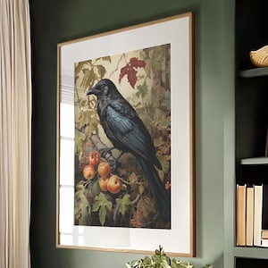 William Morris Inspired Crow Bird Autumn Art Print Fall Poster Rustic Farmhouse Forest Large Wall Art Canvas Warm Color Thanksgiving #925
