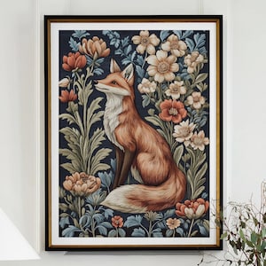 William Morris Inspired Fox Tapestry Art Print Nature Botanical Floral Print Animal Forestcore Kitchen Large Wall Art Canvas #2716