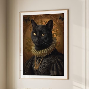 Black Cat Royal Renaissance Portrait Vintage Print Victorian Animal Portrait Decor Poster Altered Painting Large Wall Art Canvas #2168