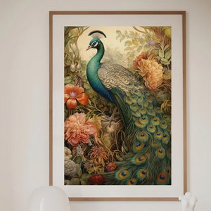 William Morris Inspired Peacock Autumn Art Print Fall Poster Rustic Farmhouse Forest Large Wall Art Canvas Warm Color Thanksgiving #996