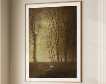 May include: A framed painting of a forest scene with tall trees and a stream running through the middle. The painting is in a light brown frame and is hanging on a light beige wall.