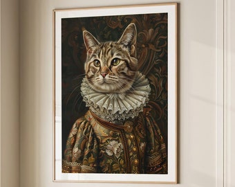 Tabby Cat Royal Renaissance Portrait Vintage Print Victorian Animal Portrait Decor Poster Altered Painting Large Wall Art Canvas #2228