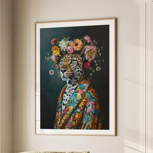 Leopard Maximalist Eclectic Animal Portrait Print Funky Animal Poster Decor Colorful Altered Painting Large Wall Art Canvas #2264