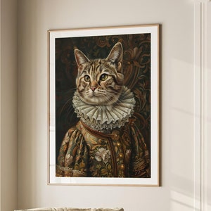 Tabby Cat Royal Renaissance Portrait Vintage Print Victorian Animal Portrait Decor Poster Altered Painting Large Wall Art Canvas #2228