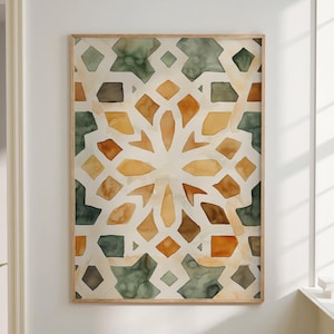 May include: A watercolor painting of a geometric pattern in shades of green, brown, and white. The pattern is reminiscent of Islamic art and features a central motif of a star.
